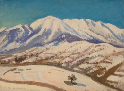 Snowy Landscape near Souli — Oil painting, Fiberboard, 30.00×40.00cm — Theodoros Markellos